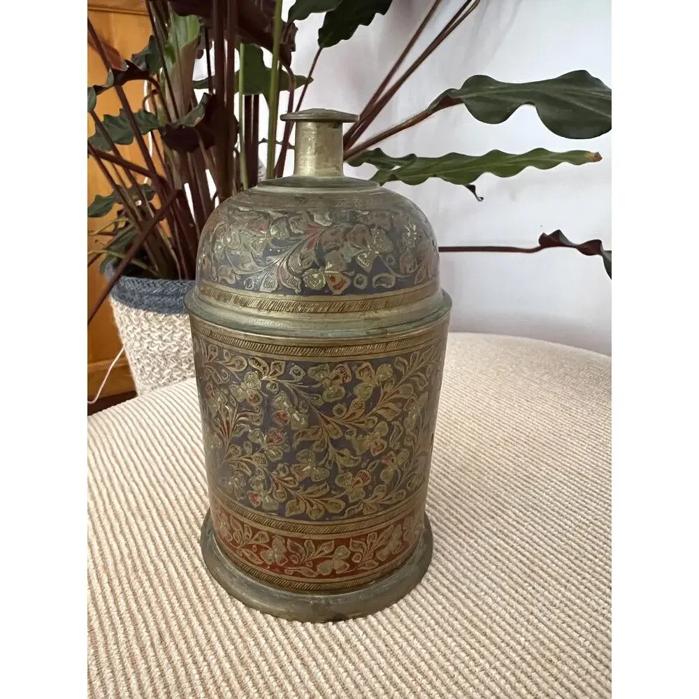 Vintage Brass Lidded Canister Hand Etched Bell Top Jar Bohemian Trinket Box